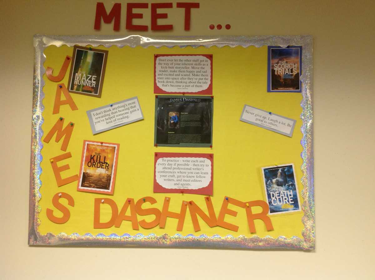 The library board on the southwest wall of the LMC. The board goes through a change about once every 6 weeks. This board features James Dashner, author of books such as The Death Order and The Maze Runner.