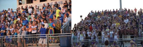 On the left Bondurant's student football section is compared to the student section of Johnston, on the right. Bondurant is classified as 2A school where as Johnston is a 4A school. The students' attendance shows the difference in the size of the schools.