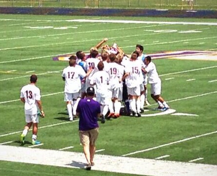 The boys soccer team celebrates after winning the substate final against Southeast Polk Saturday. The first round of the state tournament starts on Thursday with the Dragons facing off against Ames. 
