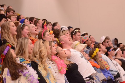Cheerleaders lead the crowd in a cheer during a time-out. The Dragons beat the Maroons 69-64.