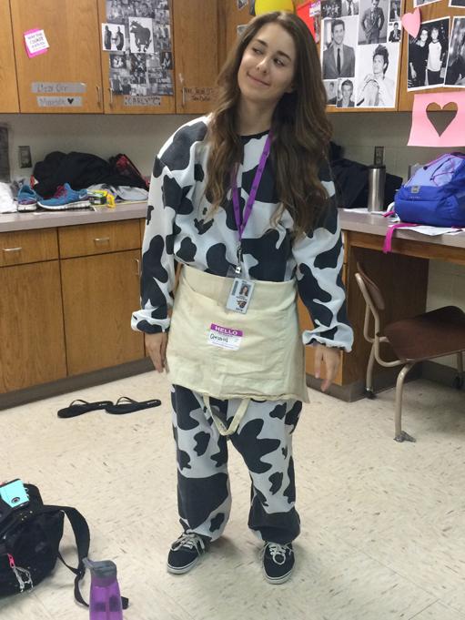 Junior Sara Goodman dresses as a cow for Animal day. 