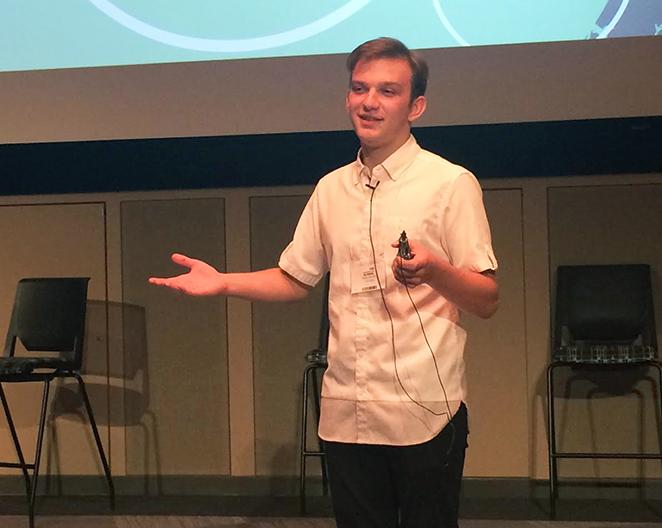 Junior Bryce Schulte speaks about his bullying experiences during the Pioneer event. Members of GSA were invited to the anti-bullying conference that was hosted on Oct. 2 at Pioneer. 