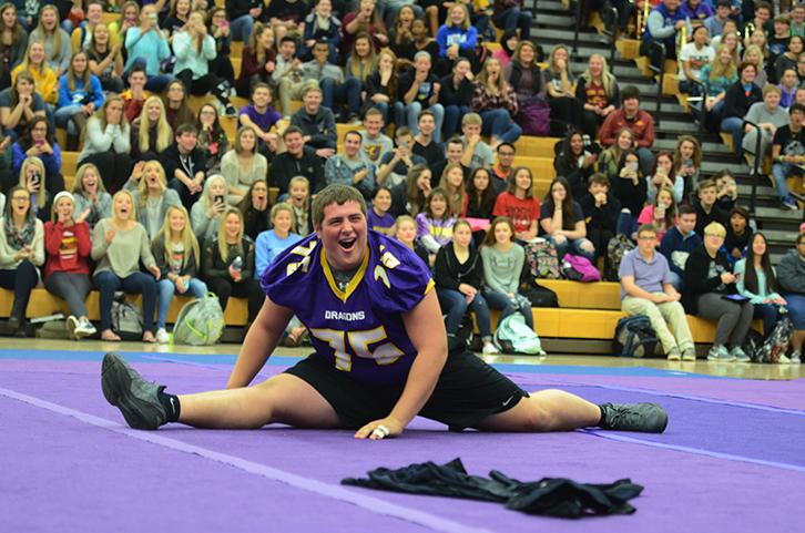 Amazing the spectators junior Bryce Rowland ends the pep rally with the splits, the varisty football teams surprise. The football team will be playing the third play off game against the Valley Tigers Nov. 6. 