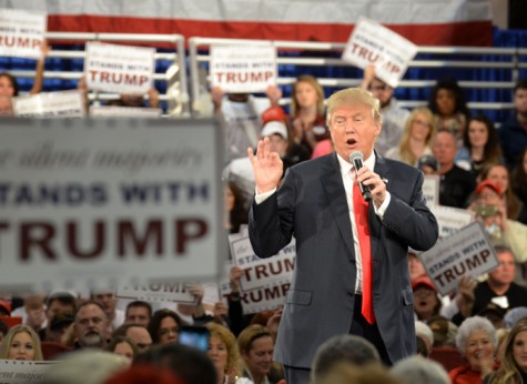 Trump address the crowd at his rally. He made a speech then answered questions from various invited interest groups, including the AARP, Tea Party Patriots, Veterans for Strong America, Americas Renewable Future, Iowa Pays the Price and Rural Electric Cooperatives. The townhall-style rally took place Dec. 11 at the Iowa State Fairgrounds.