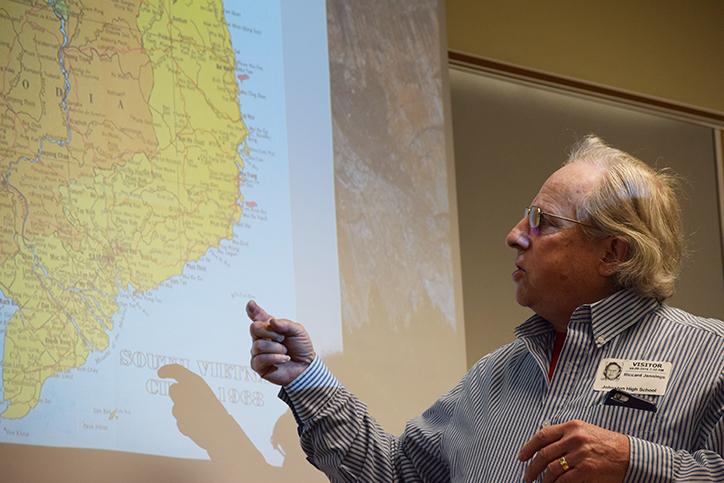 Pointing on the map where he was deployed, Vietnam veteran Rick Jennings gives an in-depth explanation of being in the war. Jennings, accompanied by two other veterans, told their stories to U.S. History classes April 8.