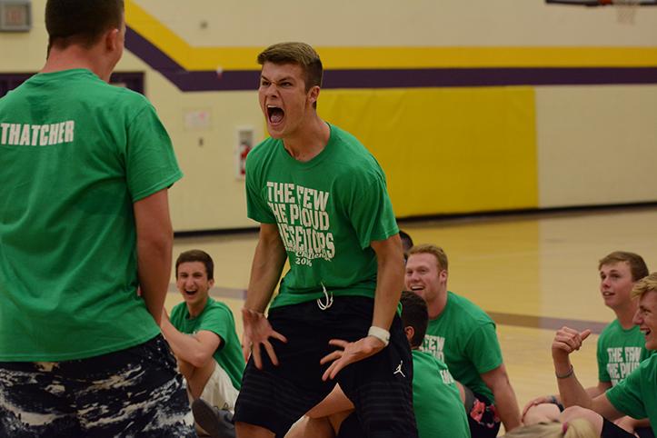 After his team scored a point on the trivia round, senior Drake Moser yells at his teammates with excitement. Irish Green team won the entire Senior Challenge, after qualifying from the frozen t-shirt game. 