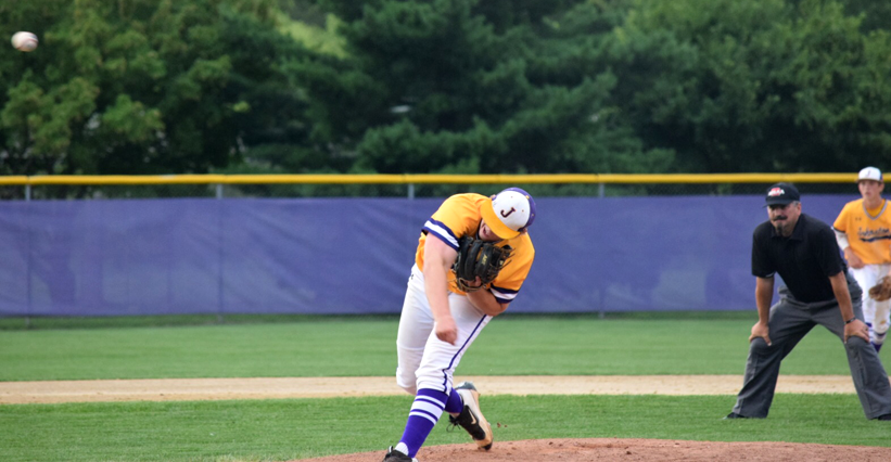 Senior Jackson Clausen follows through his pitch. The Dragons played the Ames Cyclones July 15, winning 10-0.