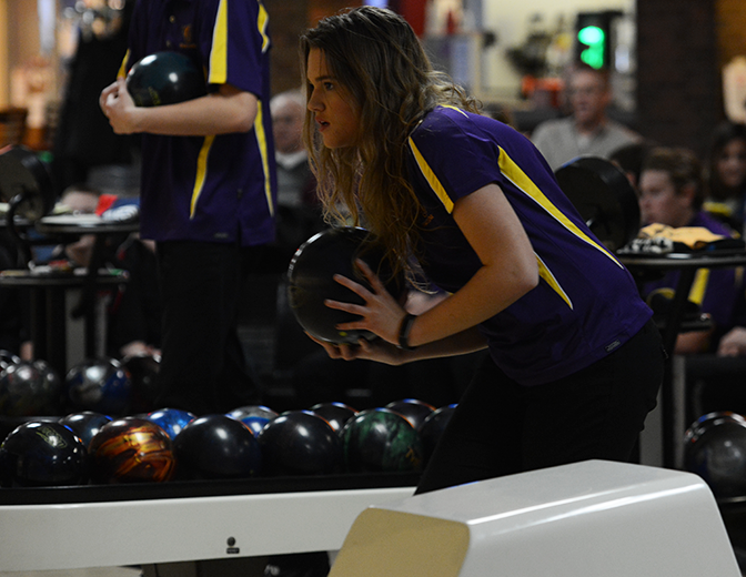 Jessica Bigelow 17 prepares to roll the ball in the bowling meet Jan 31 versus Mason City.