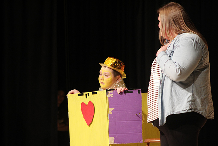 Moonboy (played by Jack Marren 18) opens his doors to show the audience and Edna (played by Gabby Fritz 17)  that behind them is a heart. Moonboy is a play about accepting others even though they may be different.