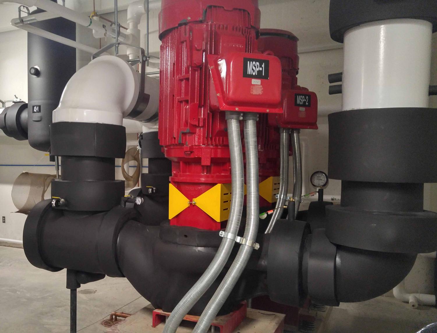 These are motors with 2000 horsepower that forces water through the pipes and around the building. Only one is working at each time, while the second is used as a backup.