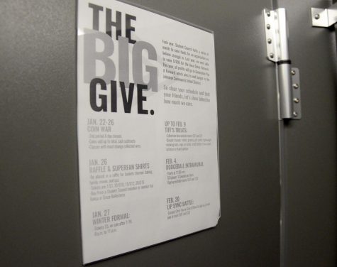 Flyer advertising Coin War, Winter Formal, Tiff's Treats, and other events hangs in the bathroom stalls. Student Council has had to put up flyers in the stalls due to their inability to hang posters.