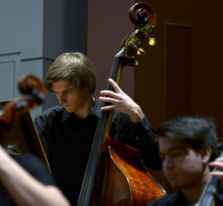 Will Julstrom 18 plays the LArlesienne Suite No.2 IV. Farandole on his double bass. Julstrom is the principal (first chair) of his section.