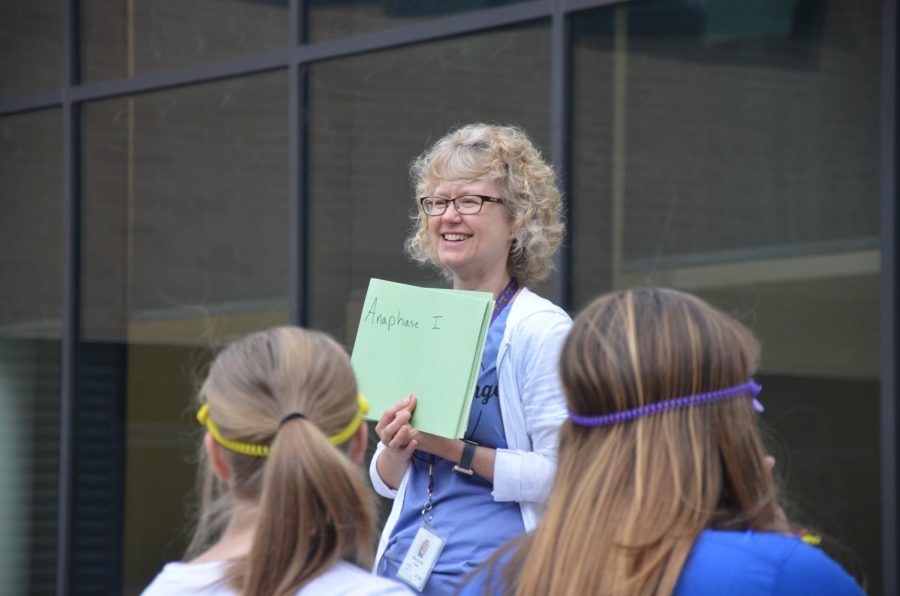 Biology teacher Lisa Horsch stands on a bench in order for her students to be able to see the next stage of meiosis. Students in Horschs biology classes went through the different stages of meiosis on May 2.