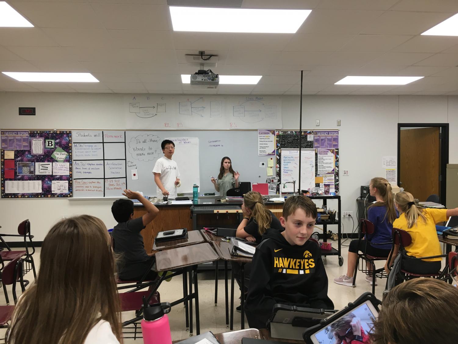 Matthew Ding '20 and Rachel Winkler '21 coach middle school Mock Trial students at their weekly practice. Ding and Winkler had to go through a selective application process due to the Silver Cord changes.