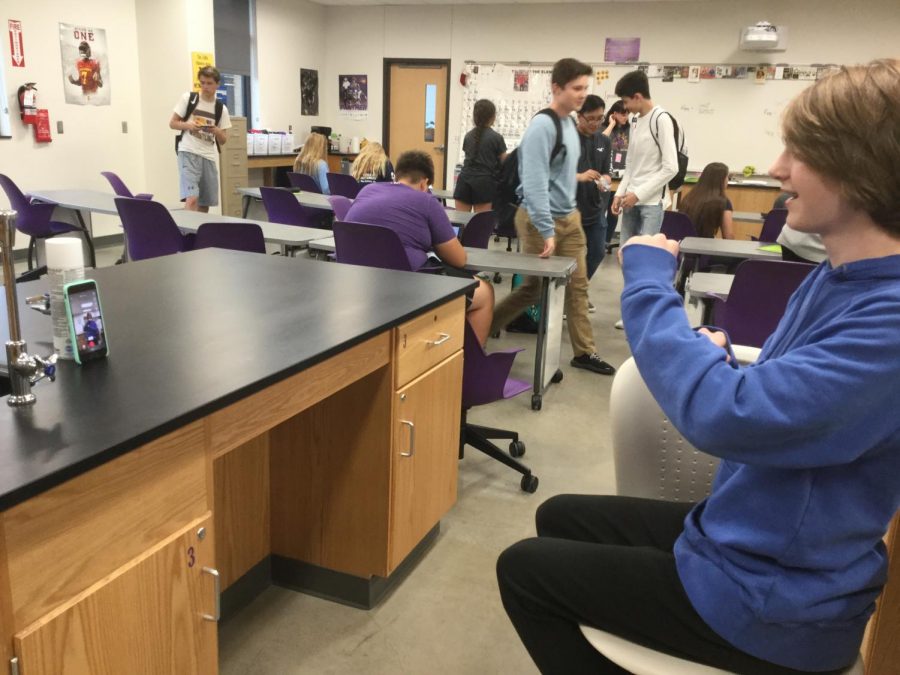Cole Palmisano 21 making a TikTok of him hitting the woah during Lehmans fifth hour chemistry class. Students will make TikToks in any class at any time of the day. 