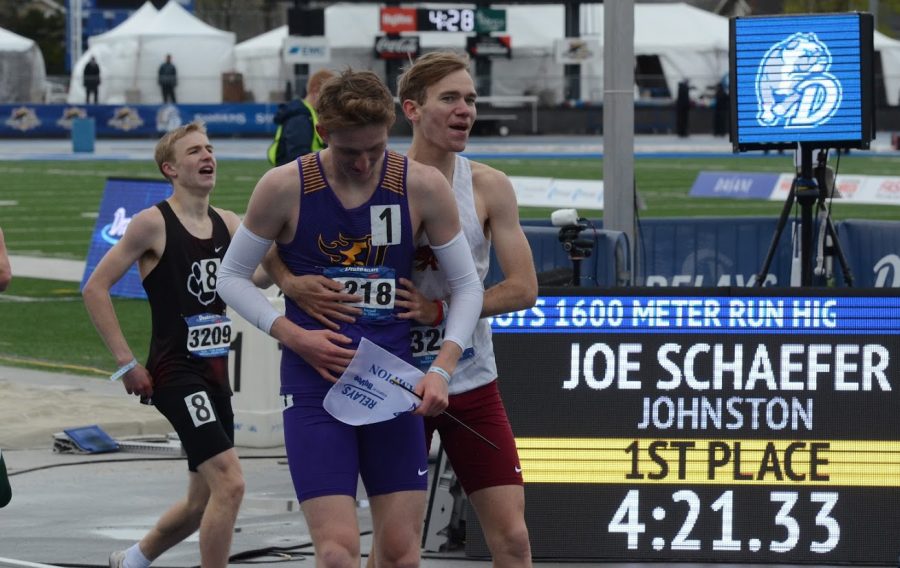 Joe Schaefer '19 celebrates his win in the 1600 meter run. Schaefer won the race with a time of 4:21.33.
