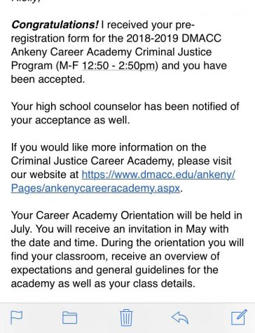 An email of an acceptance into DMACC's Criminal Justice Program.