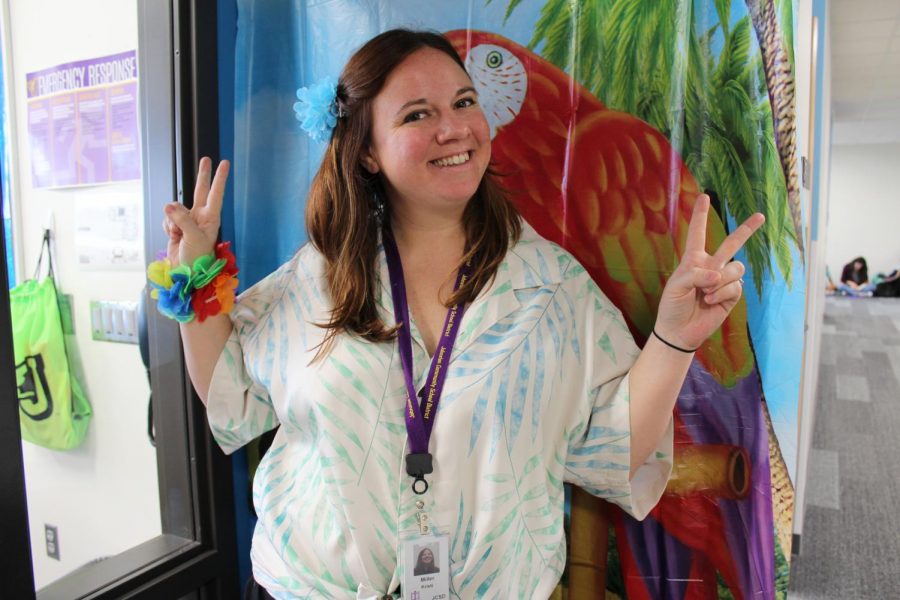 Teacher Kristi Miller is ready for a trip to a sunny beach. Tuesday was Tacky Tourist Day for Homecoming Week.