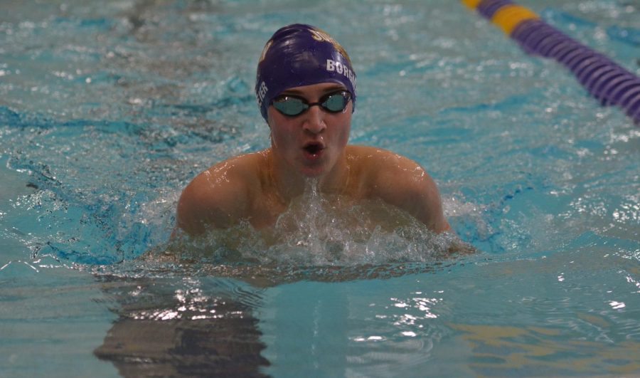 Jack Borgmeier 20 swam in the 100 yard breaststroke in the JV event at the home boys swim meet. Borgmeier received seventh place swimming a 1:24 in the 100 breastroke. 