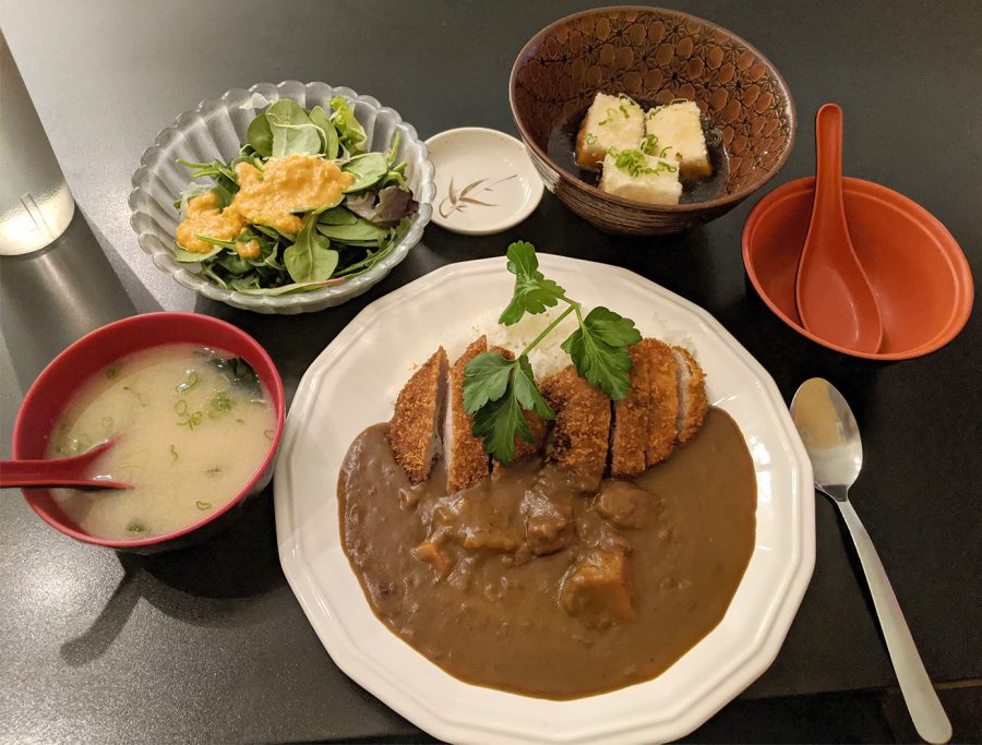 The first resturant Miyabi 9 had a delightful selection of food. The food ordered from left to right. Miso soup, Salad, Agedashi Tofu (tofu covered in a light breading), and Katsu Curry (A pork cutlet served with curry and rice)