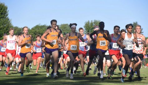 The boys Varsity team starts the race in the front. They placed second at the meet only losing to Prairie by six points.