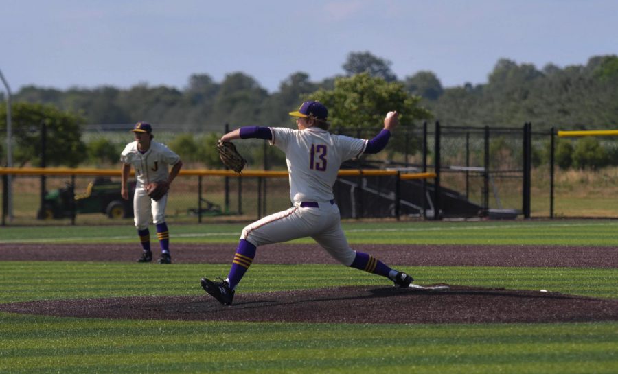 Pierce Anderson 23 attempts to strike out an Urbandale batter during the first of two games on June 23, 2021.