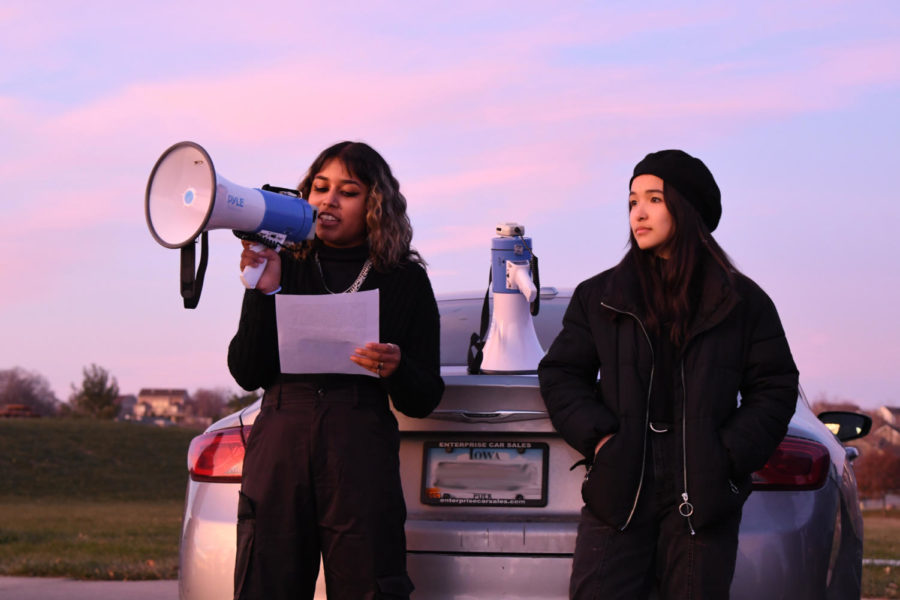 Organizers Esha Bolar 23 & Waverly Zhao 23 speaking to protesters before the march on November 22, 2021. 