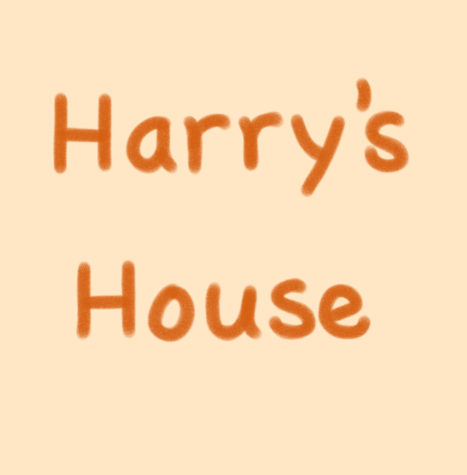 Tan background with orange text that reads, Harrys House