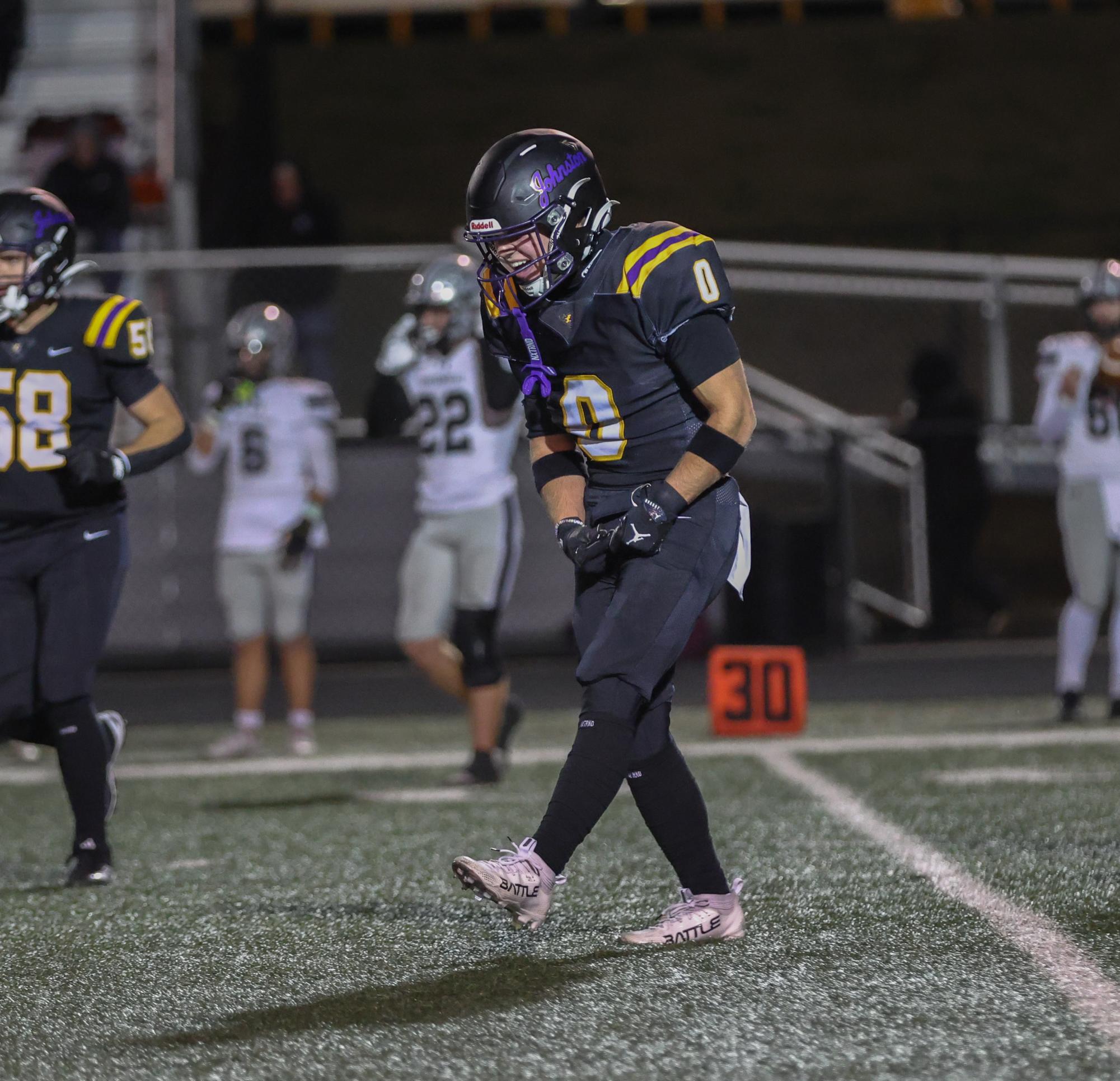 Junior defensive back Bryce Beachem celebrates after making a play on defense on Friday, October 31, 2025