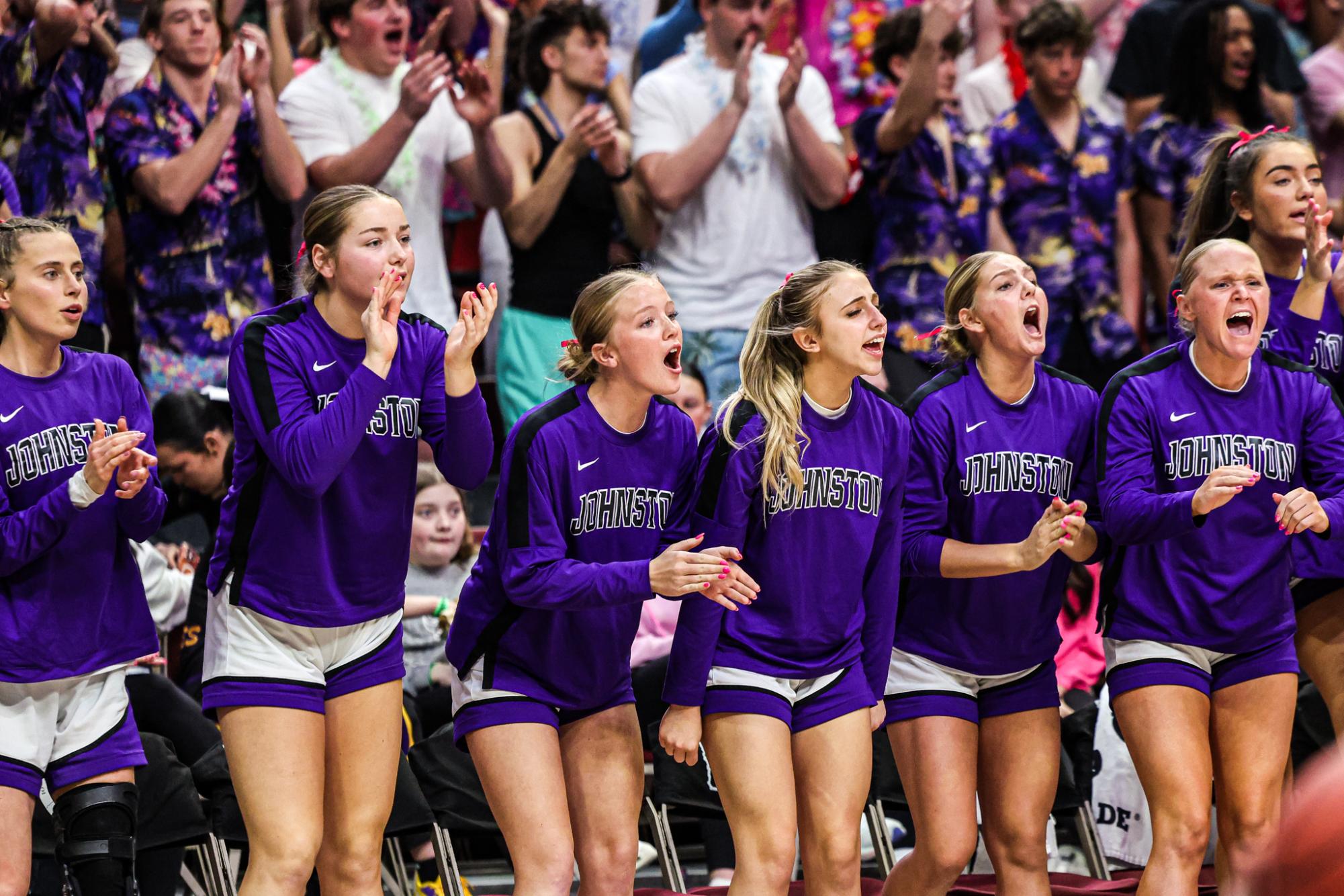The Dragon bench celebrates during the second half of the 2026 IHGASU state semifinals between #1 Johnston and #5 Ankeny. Johnston would come away with a 49-39 victory. 